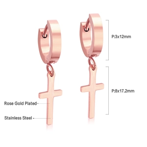 Detail of rose gold plated stainless steel cross pendant earring showing dimensions