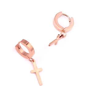 Detail view of rose gold cross drop huggie earrings made of polished stainless steel