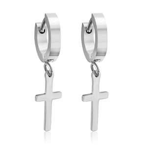 Close-up of silver stainless steel hoop earrings with hanging cross charms and reflections