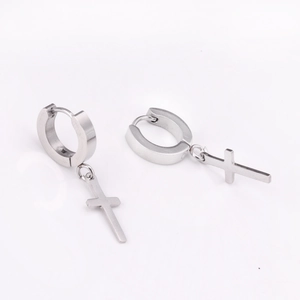 Classic stainless steel cross pendant hoop earrings for men and women in silver finish