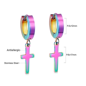 Detailed dimensions of rainbow stainless steel huggie earrings with cross pendants