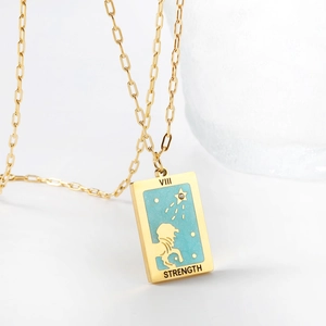 Detailed macro view of gold-plated strength tarot card pendant with blue lion inlay