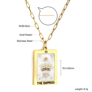 Detail of The Empress tarot pendant with crown and rhinestones on gold paperclip chain