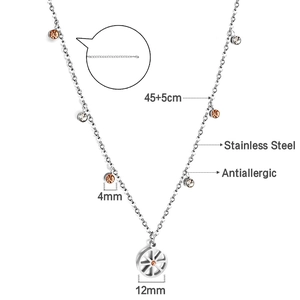 Detail of stainless steel necklace with 12mm wheel charm and 4mm zircon pendants