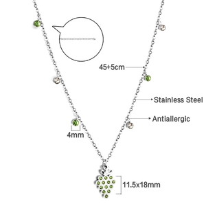 Detail of stainless steel grape necklace with green cubic zirconia and product dimensions