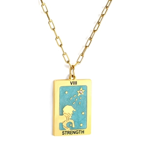 Gold stainless steel rectangle tarot pendant necklace with lion strength design