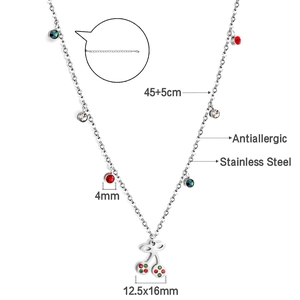 Detail of cherry pendant necklace with inlaid crystals and chain length measurements