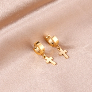 Boucles D'oreilles Créoles Huggie Croix En Acier Inoxydable Pour Femmes Hommes Bijoux Religieux Minimalistes Polis