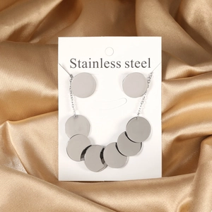 Parure de bijoux en acier inoxydable argenté avec collier à pendentif rond et boucles