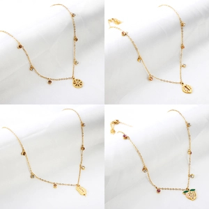 Women Stainless Steel Gold Plated Fruit Pendant Necklace With Colorful Zirconia Cute Cherry Grape Star Design Anti-Allergic Jewelry
