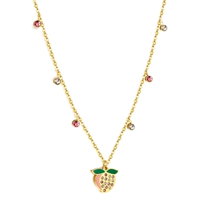 Delicate gold strawberry pendant necklace with colorful rhinestones and green enamel leaf