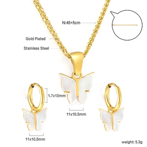 Gold plated stainless steel jewelry set featuring white shell butterfly necklace and earrings