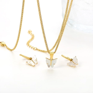 Elegant butterfly jewelry set with white shell inlay and gold chain for women