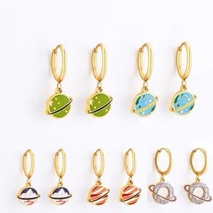 Boucles D Oreilles Créoles Pendentif Planète Acier Inoxydable Plaqué Or Émail Univers Galaxie Bijoux Pour Femmes
