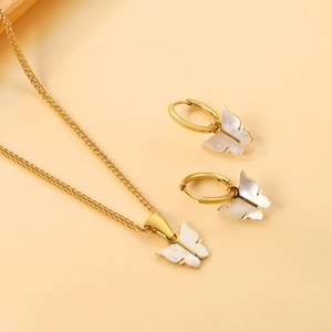 Butterfly Pendant Necklace Hoop Earrings Stainless Steel Shell Inlay Gold Plated Delicate Jewelry For Women