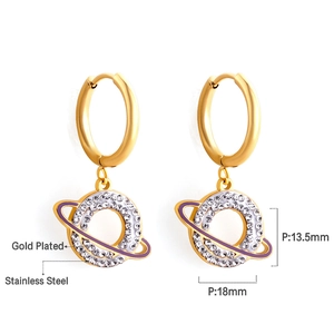 Détail des boucles d'oreilles planète en acier doré avec émail violet et strass