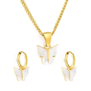 Elegant gold-plated stainless steel jewelry set with white shell butterfly necklace and earrings
