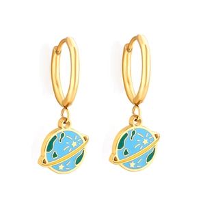 Boucles d'oreilles créoles planète céleste en acier inoxydable doré et émail bleu