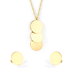 Parure de bijoux minimaliste dorée avec collier à disques ronds étagés et boucles d'oreilles