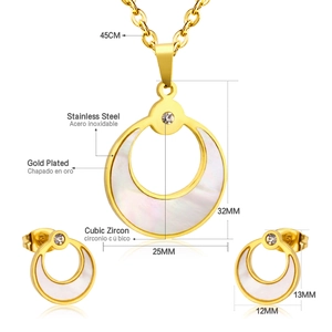 Parure bijoux en acier doré avec pendentifs cercle en nacre et oxydes de zirconium