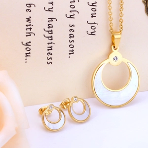 Bijoux En Acier Inoxydable Nacre Coquille Lune Ronde Creuse Collier Et Boucles D'oreilles Pour Femmes Zircone