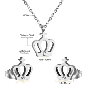 Detailed specs of stainless steel crown necklace and stud earrings set with zircon stones