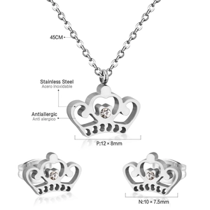 Detailed size specifications for crown jewelry set with hypoallergenic stainless steel data