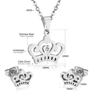 Detail view of stainless steel crown necklace and earrings set with cubic zirconia