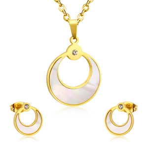 Parure de bijoux en acier doré avec pendentifs ronds évidés et incrustations de nacre irisées