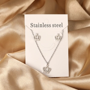Elegant stainless steel crown necklace and stud earrings set with crystal accents