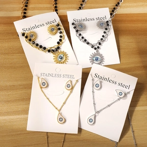 Collana E Orecchini Malocchio In Acciaio Inossidabile Pendente Goccia D'acqua Sole Catena Perline Nere Stile Boho Donne