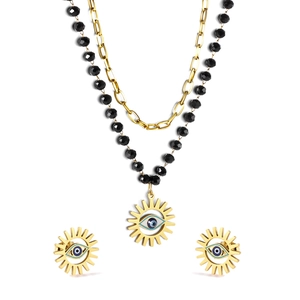 Set collana a doppio strato e orecchini con occhio greco in smalto blu e finitura oro