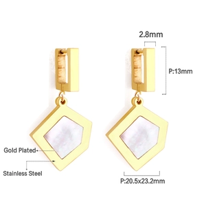 Detailed view of gold plated stainless steel geometric earrings with white shell inlay