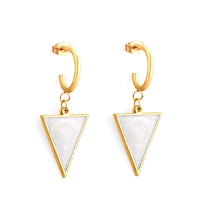 Minimalist gold triangle earrings with white shell inlay and round hanging hooks