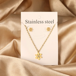 Collier Et Boucles D'oreilles Fleur Acier Inoxydable Plaque Or Bijoux Floraux Incrustation De Zircon Style Minimaliste Doux Pour Femme