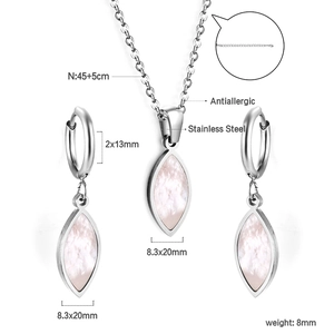 Detail of stainless steel necklace and earrings with marquise shell inlays and size labels