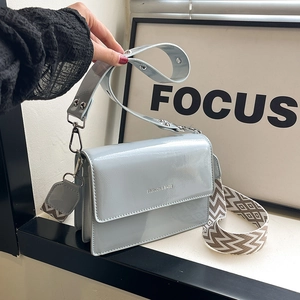 Women's Glossy Patent Leather Crossbody Bag Small Square Bag With Wide Woven Shoulder Strap Fashion Simple Shoulder Handbag