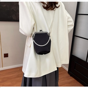 Détail du mini sac brodé avec chaîne en perles et poignée en strass étincelants