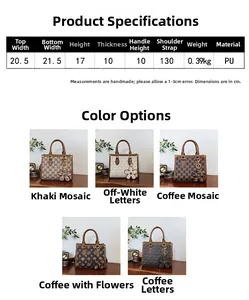 Detailed size chart and multi-color view of stylish patterned tote bags with dimensions