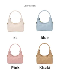Multiple color variants of quilted crescent bags in off-white, blue, pink, and khaki