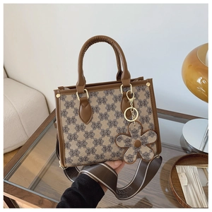 Fashion Women PU Leather Tote Bag Monogram Printed Crossbody Bag With Wide Strap And Flower Charm For Daily Use