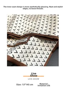 Macro detail of silk-like neck scarf with geometric patterns and neat inner stitching