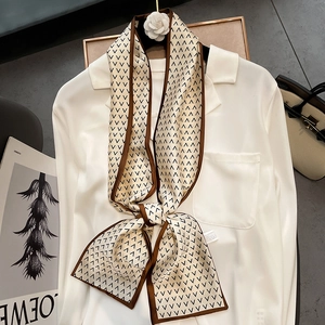 Women Satin Long Skinny Scarf Elegant Geometric V Letter Pattern Hair Tie Bag Handle Wrap Decorative Silk Look Scarf
