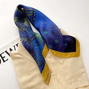 Detailed texture of silk scarf featuring Van Gogh Starry Night oil painting print