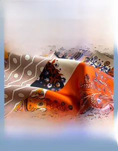 Dettaglio di un foulard di seta con motivi floreali geometrici e colori vivaci