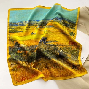 Detail of oil painting floral silk scarf with The Harvest print on beige blazer