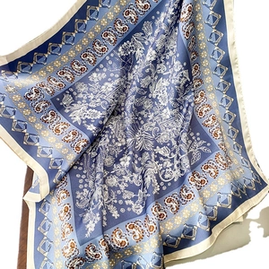 Blue paisley floral 70x70 silk square scarf with decorative geometric borders