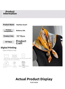 Détail du foulard 70x70cm en soie de mûrier avec motifs abstraits jaunes et marron imprimés