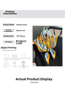 Detail view of 70cm mulberry silk scarf featuring floral digital print and size chart