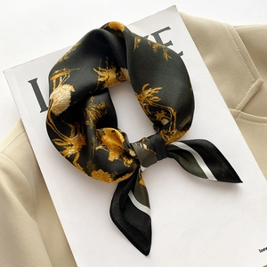 French style floral silk scarf with gold palm tree print on dark satin fabric